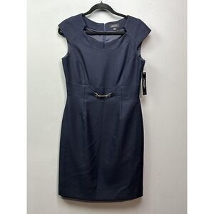 Tahari Arthur S. Levine Dress Womens 8 Navy Herringbone Sheath Cap Sleeve Lined